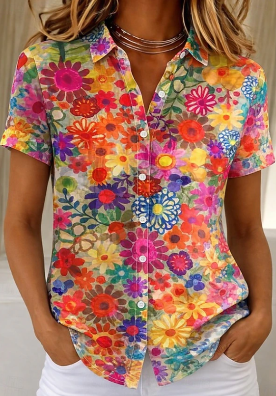 Women's Floral Blouse Short Sleeve Button Up Shirt