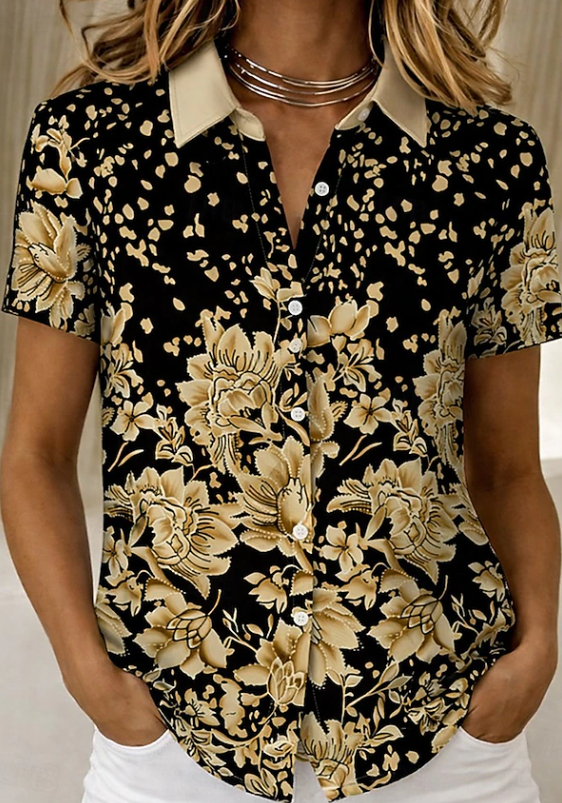 Women's Floral Blouse Short Sleeve Button Up Shirt