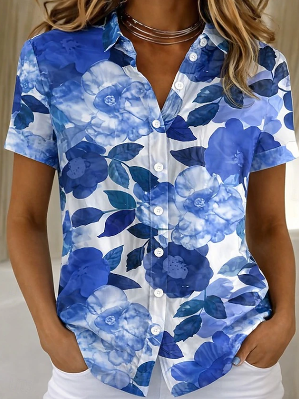 Women's Floral Blouse Short Sleeve Button Up Shirt