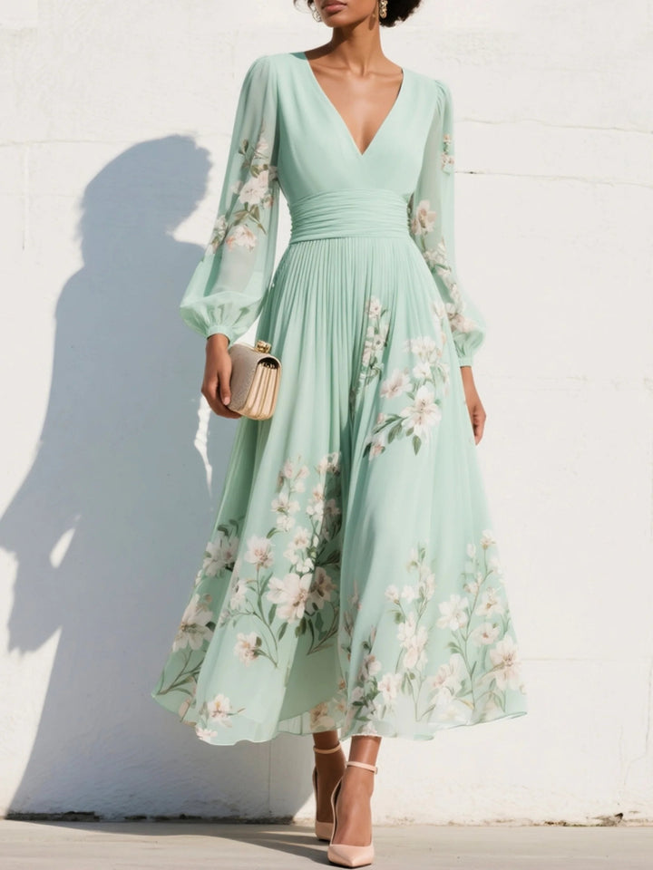 Women's Floral Cocktail Midi Dress with Balloon Sleeves