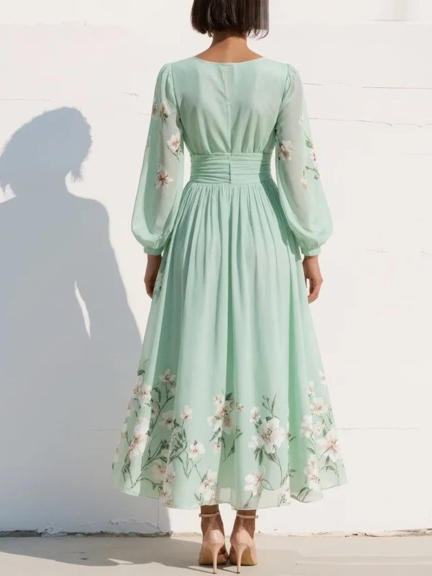 Women's Floral Cocktail Midi Dress with Balloon Sleeves