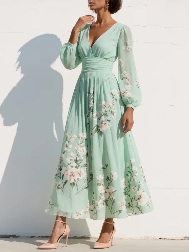 Women's Floral Cocktail Midi Dress with Balloon Sleeves