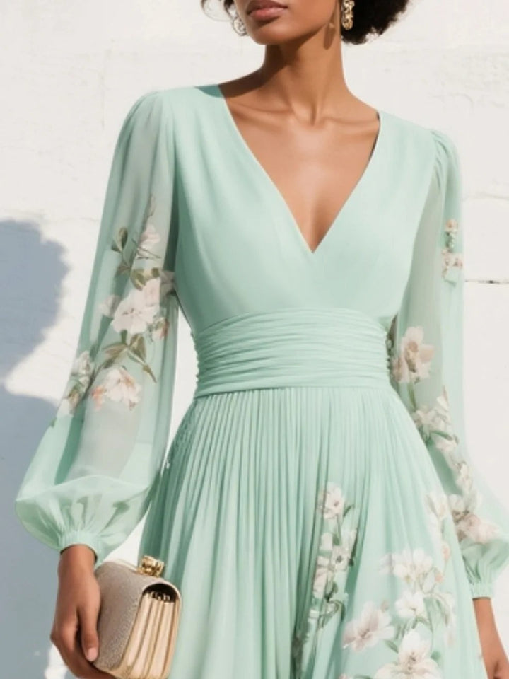 Women's Floral Cocktail Midi Dress with Balloon Sleeves