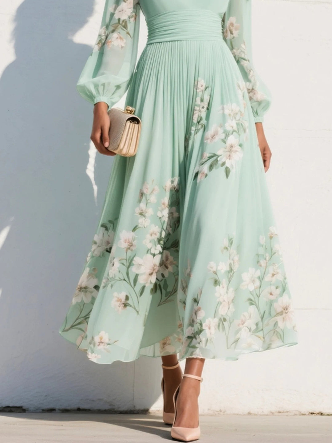 Women's Floral Cocktail Midi Dress with Balloon Sleeves
