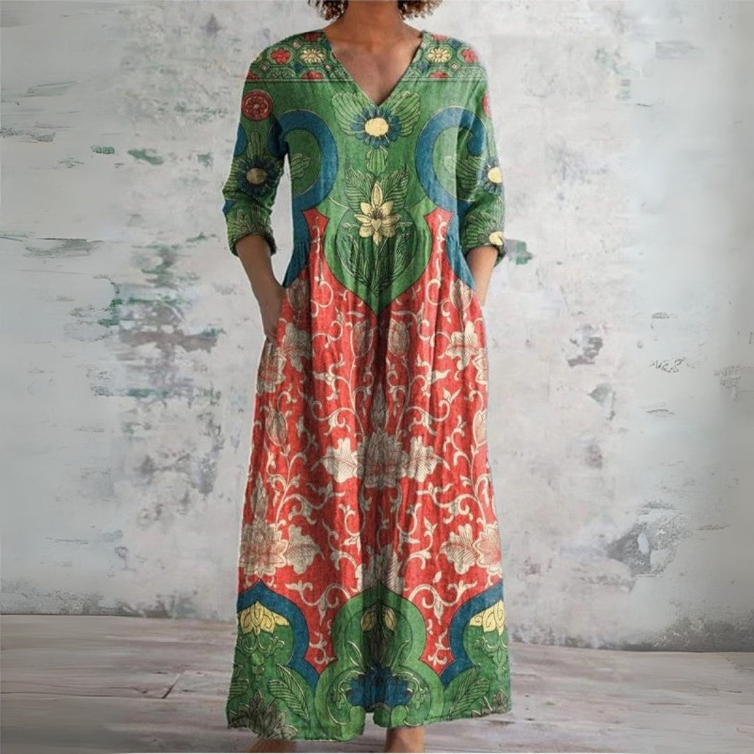 Women's Floral Linen Maxi Dress V-Neck with Pockets