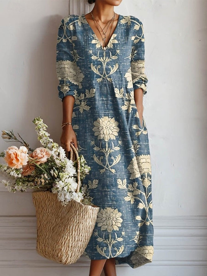 Women's Floral Linen Midi Dress with V Neck