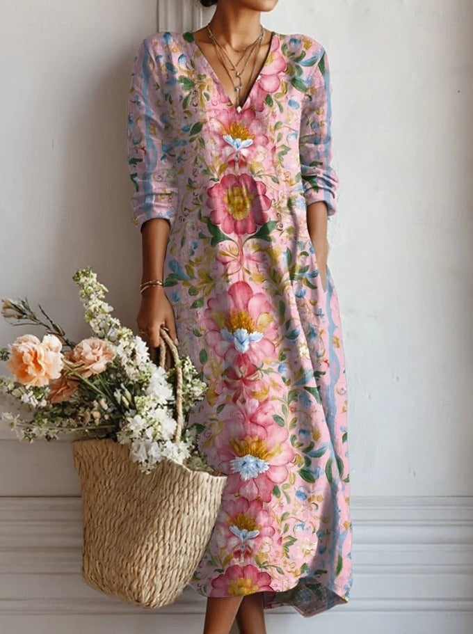 Women's Floral Linen Midi Dress with V Neck