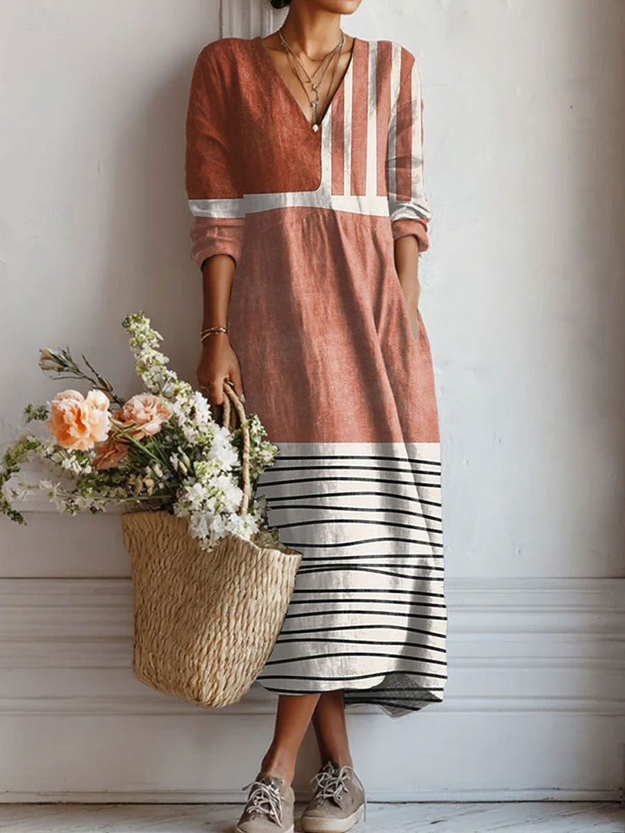 Women's Floral Linen Midi Dress with V Neck