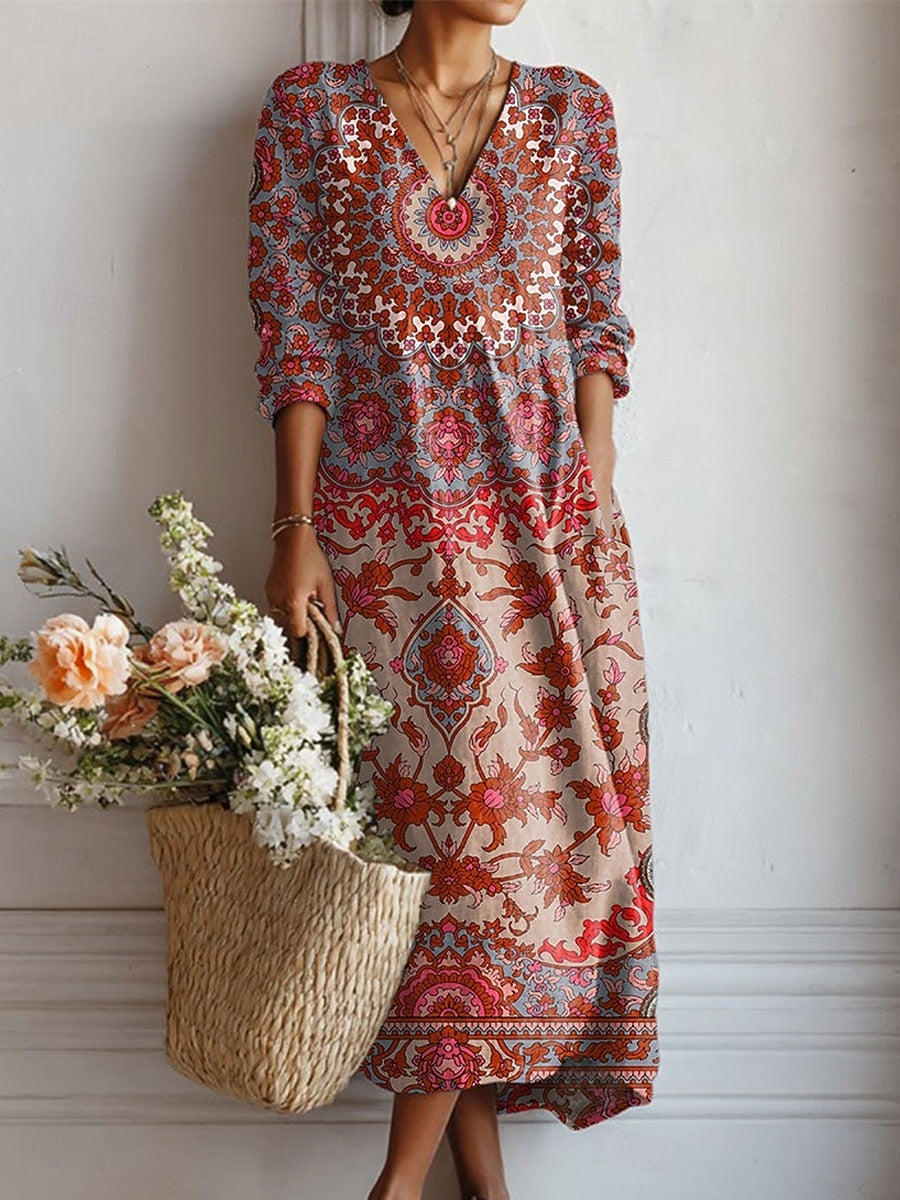Women's Floral Linen Midi Dress with V Neck