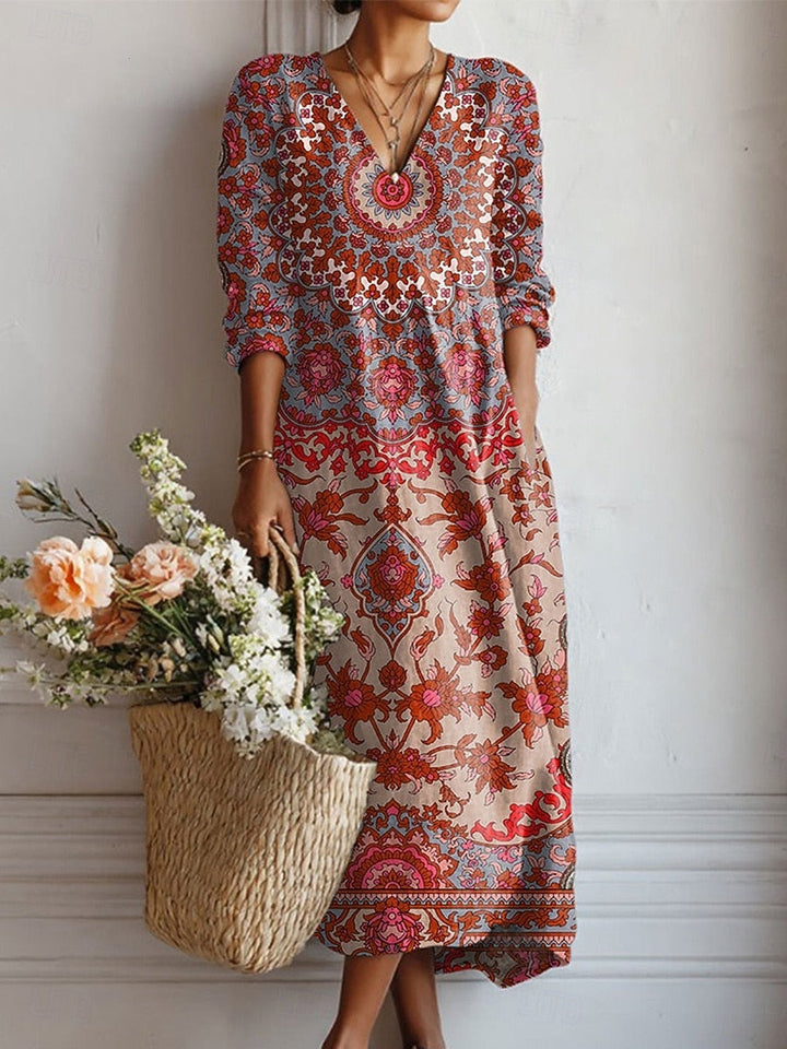 Women's Floral Linen Midi Dress with V Neck