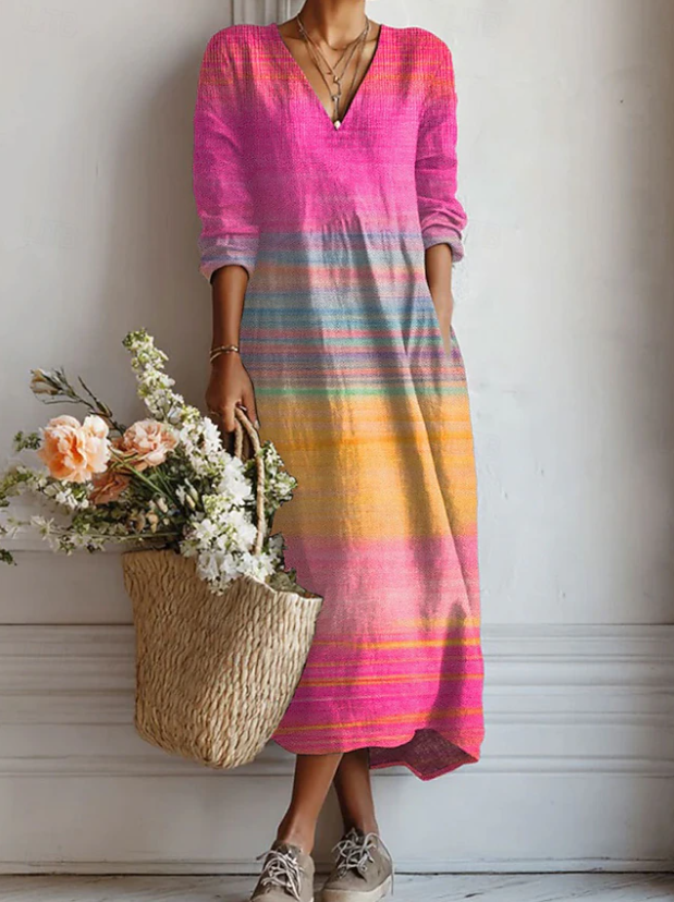 Women's Floral Linen Midi Dress with V Neck