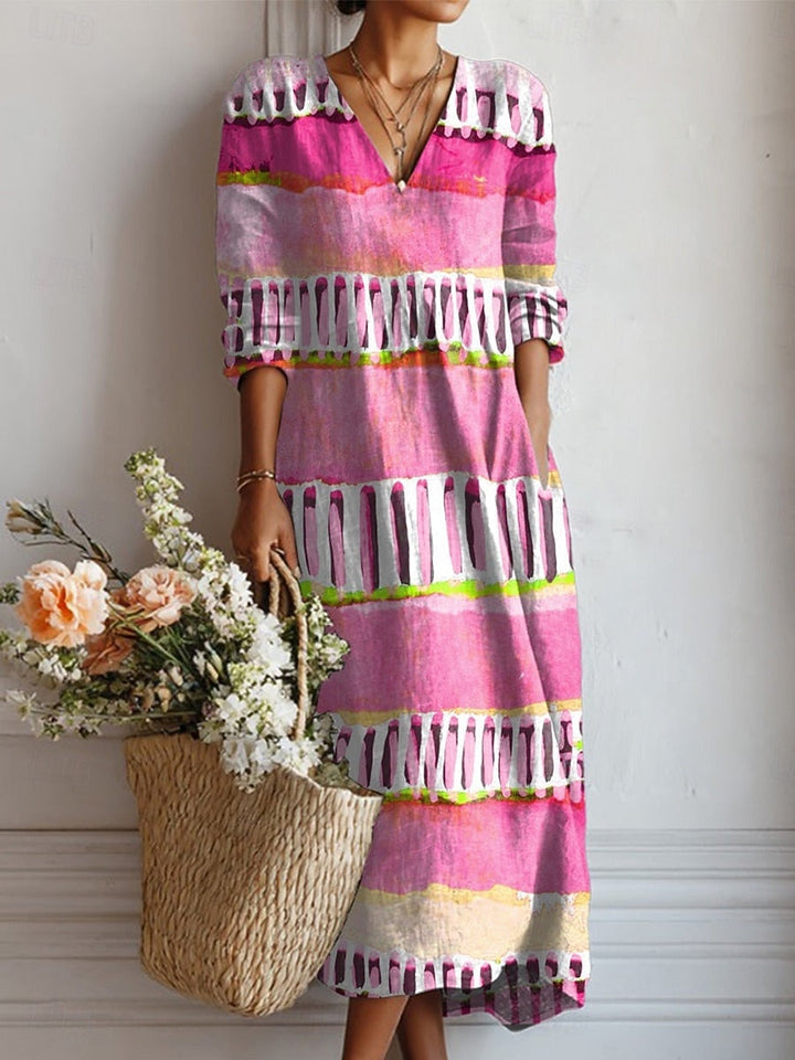 Women's Floral Linen Midi Dress with V Neck