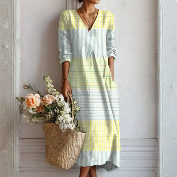 Women's Floral Linen Midi Dress with V Neck