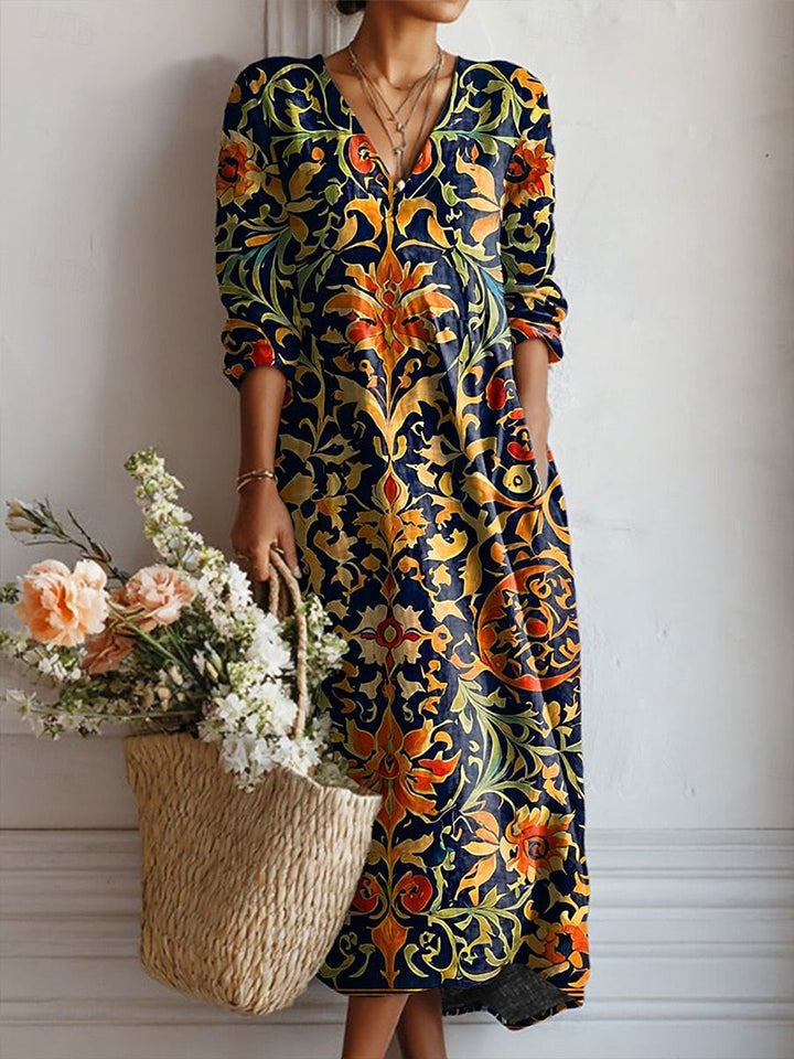 Women's Floral Linen Midi Dress with V Neck