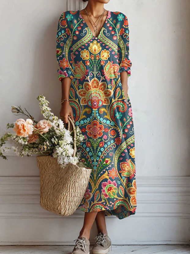 Women's Floral Linen Midi Dress with V Neck