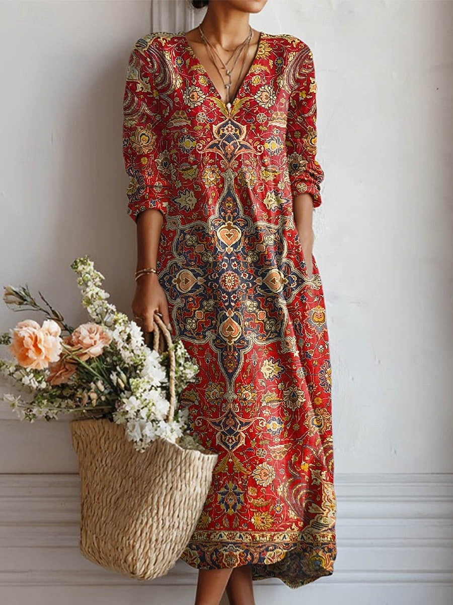 Women's Floral Linen Midi Dress with V Neck