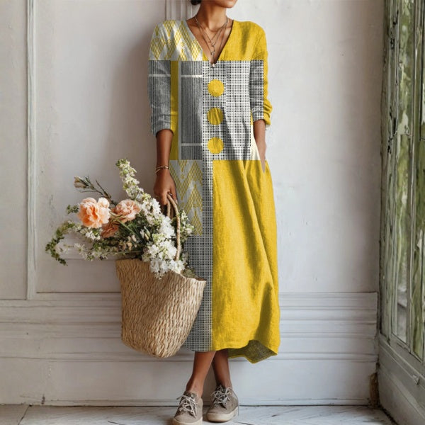Women's Floral Linen Midi Dress with V Neck