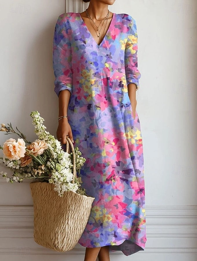 Women's Floral Linen Midi Dress with V Neck