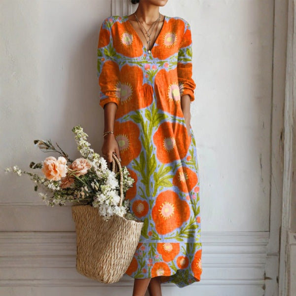 Women's Floral Linen Midi Dress with V Neck