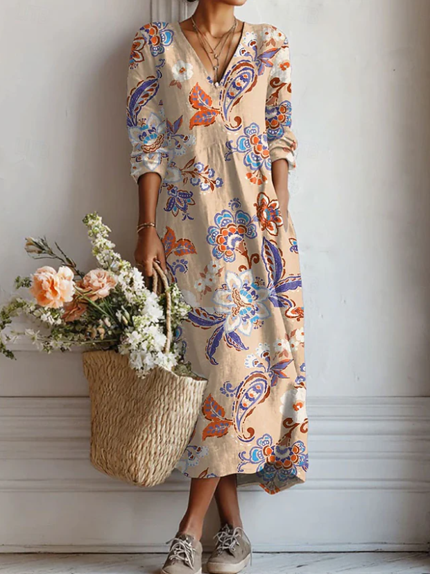 Women's Floral Linen Midi Dress with V Neck