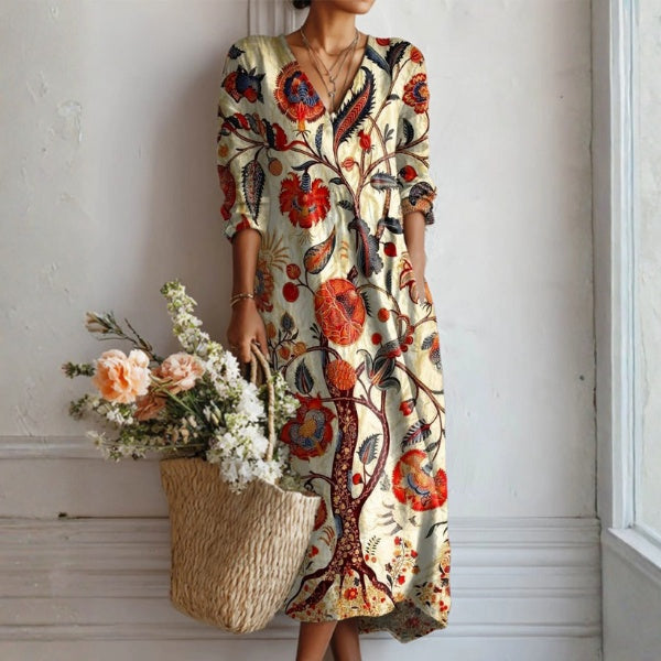 Women's Floral Linen Midi Dress with V Neck