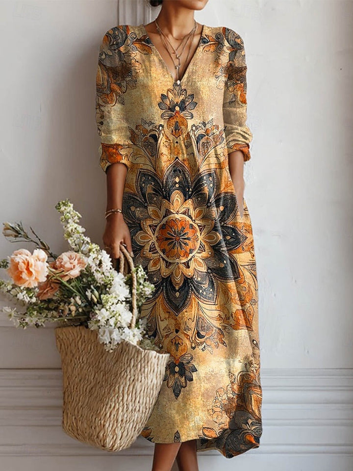 Women's Floral Linen Midi Dress with V Neck