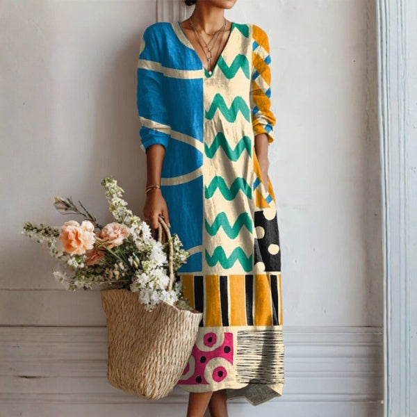 Women's Floral Linen Midi Dress with V Neck