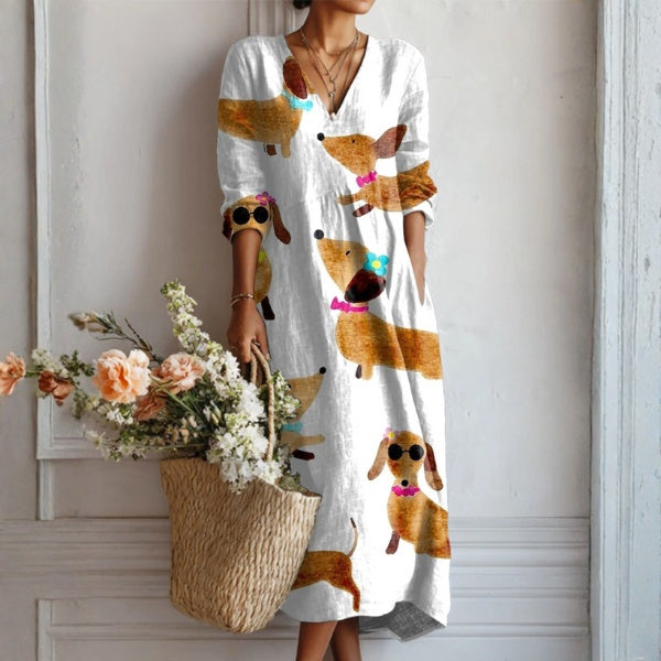 Women's Floral Linen Midi Dress with V Neck