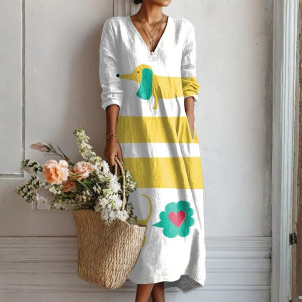 Women's Floral Linen Midi Dress with V Neck