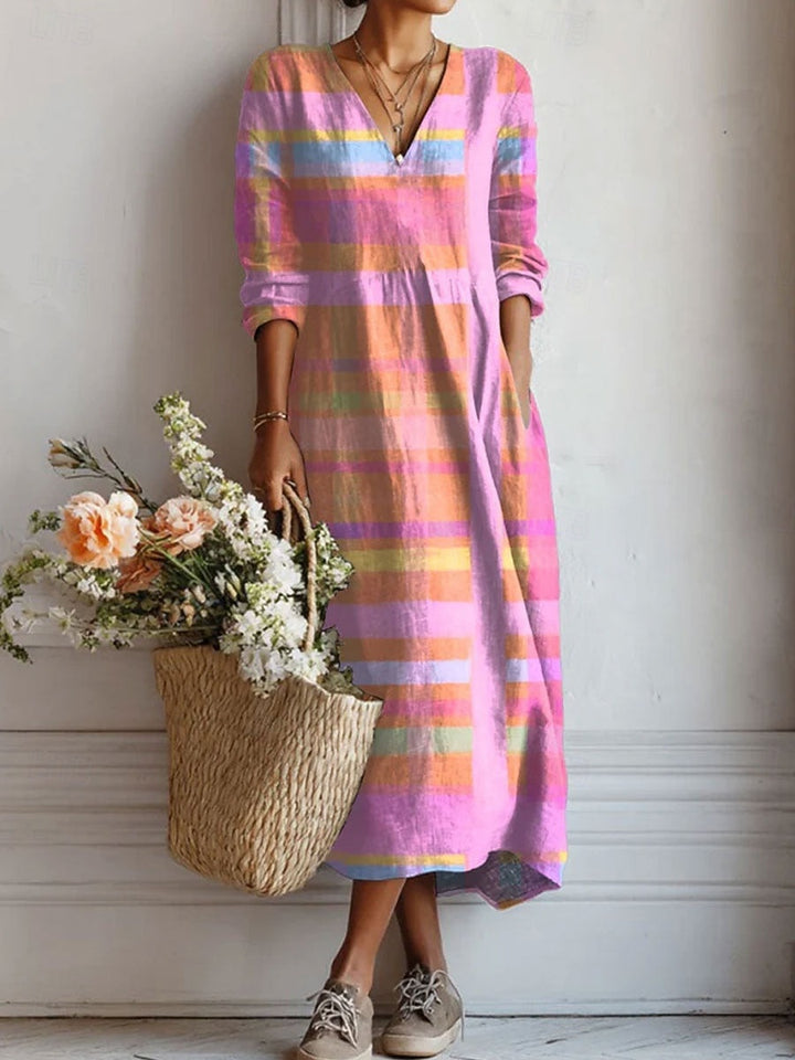Women's Floral Linen Midi Dress with V Neck