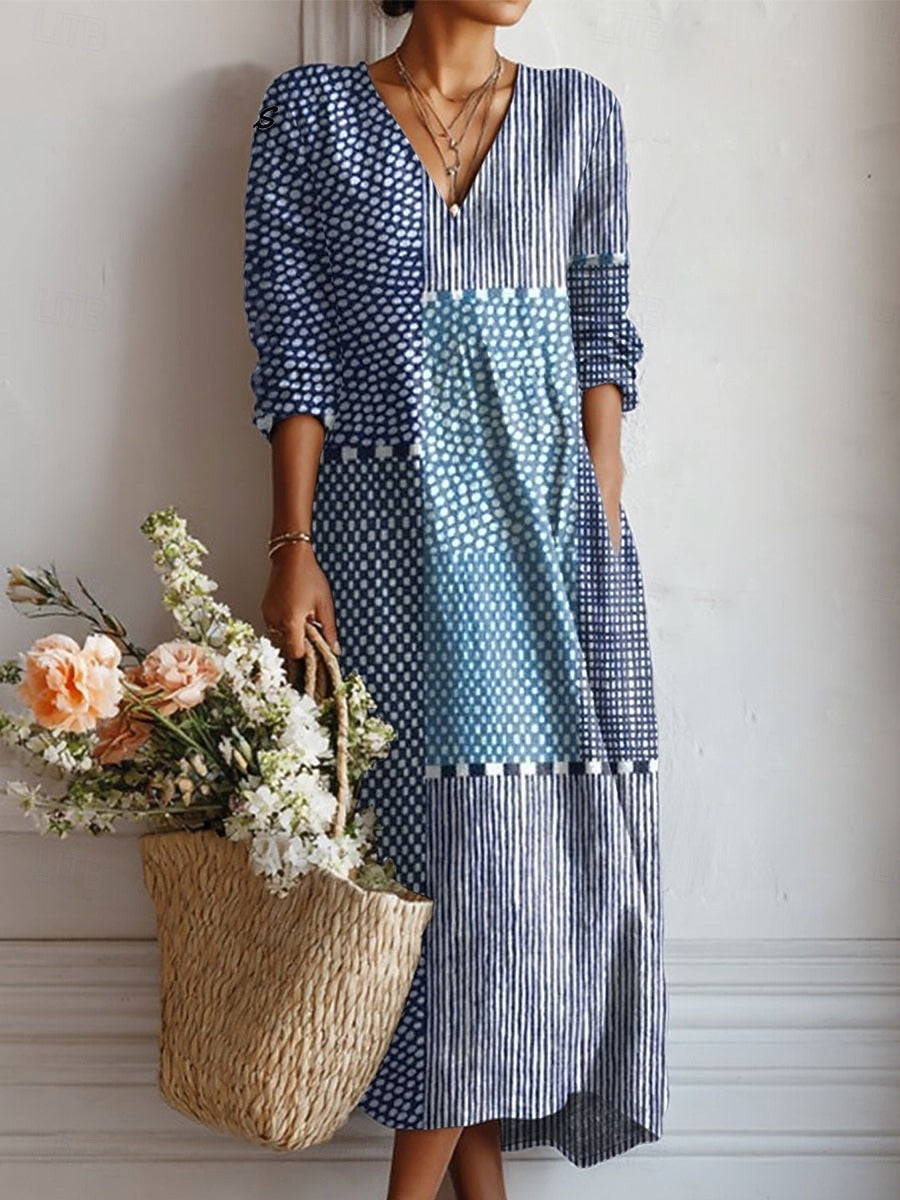 Women's Floral Linen Midi Dress with V Neck