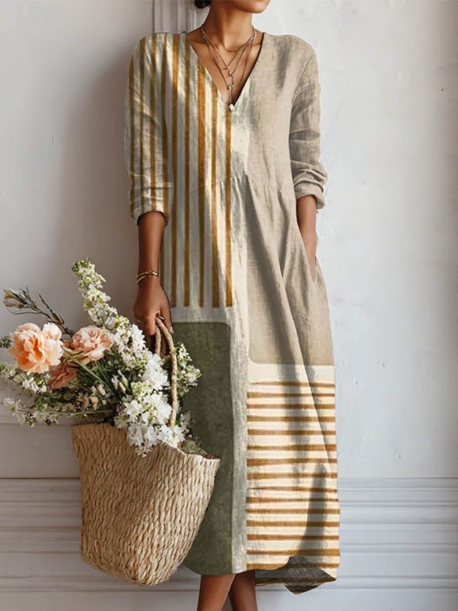 Women's Floral Linen Midi Dress with V Neck