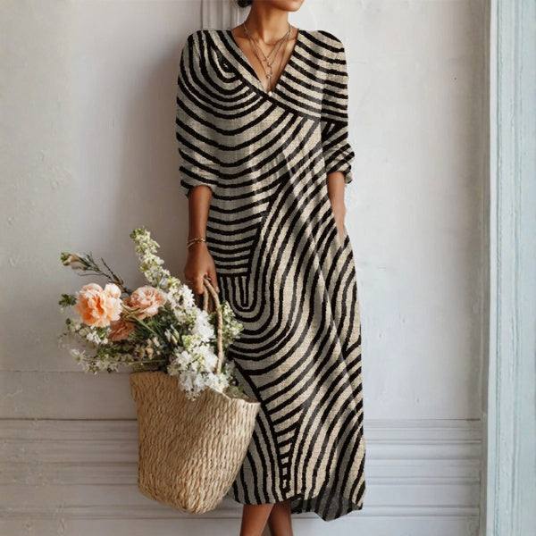 Women's Floral Linen Midi Dress with V Neck