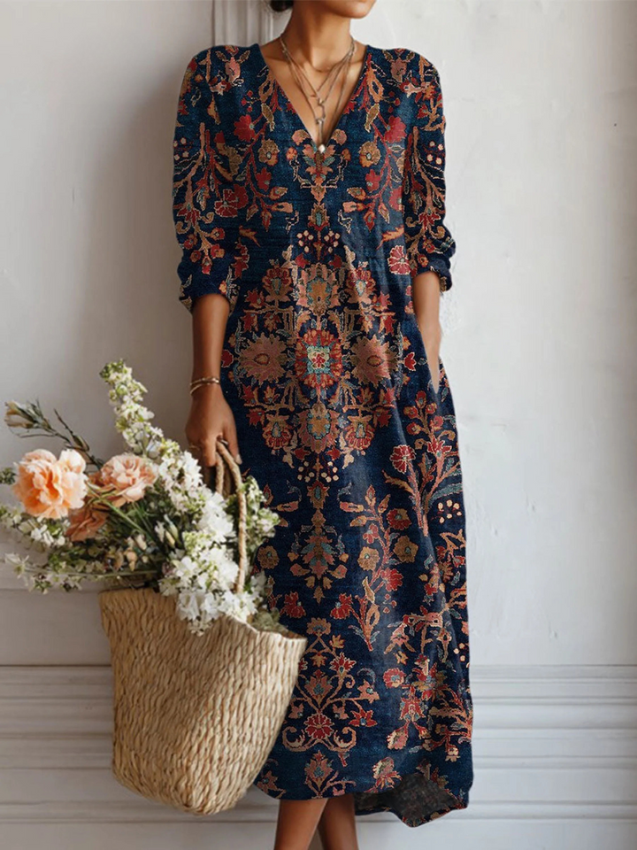 Women's Floral Linen Midi Dress with V Neck