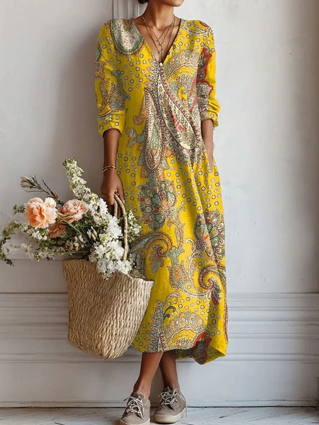 Women's Floral Linen Midi Dress with V Neck