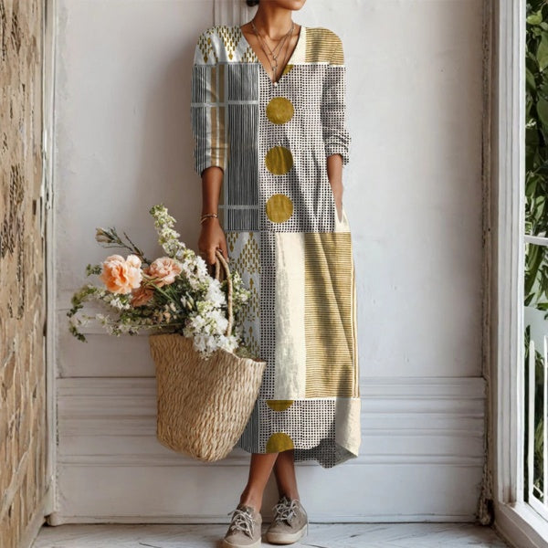 Women's Floral Linen Midi Dress with V Neck