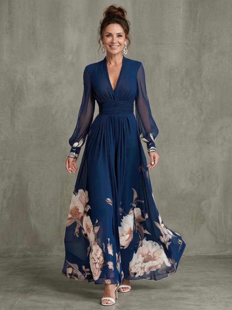 Women's Floral Maxi Dress with Sheer Sleeves