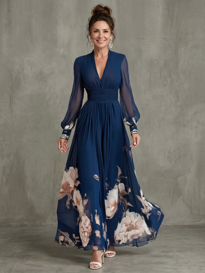 Women's Floral Maxi Dress with Sheer Sleeves