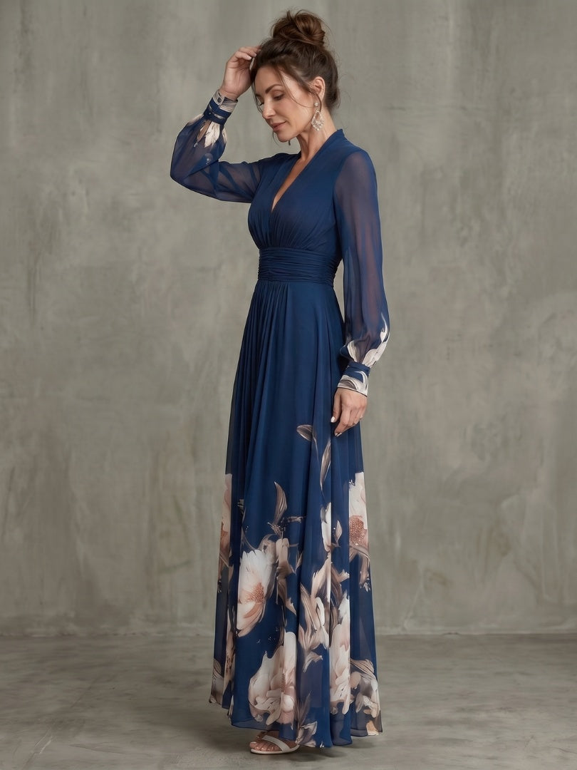 Women's Floral Maxi Dress with Sheer Sleeves