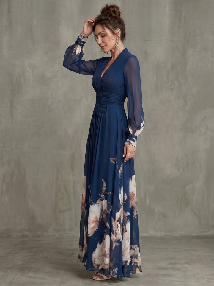 Women's Floral Maxi Dress with Sheer Sleeves