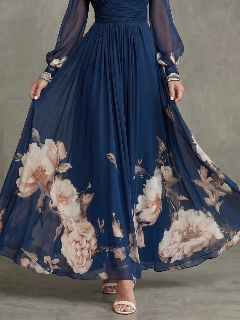 Women's Floral Maxi Dress with Sheer Sleeves