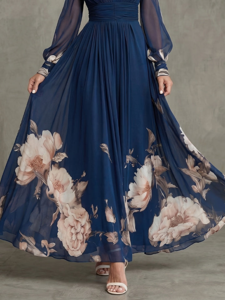 Women's Floral Maxi Dress with Sheer Sleeves