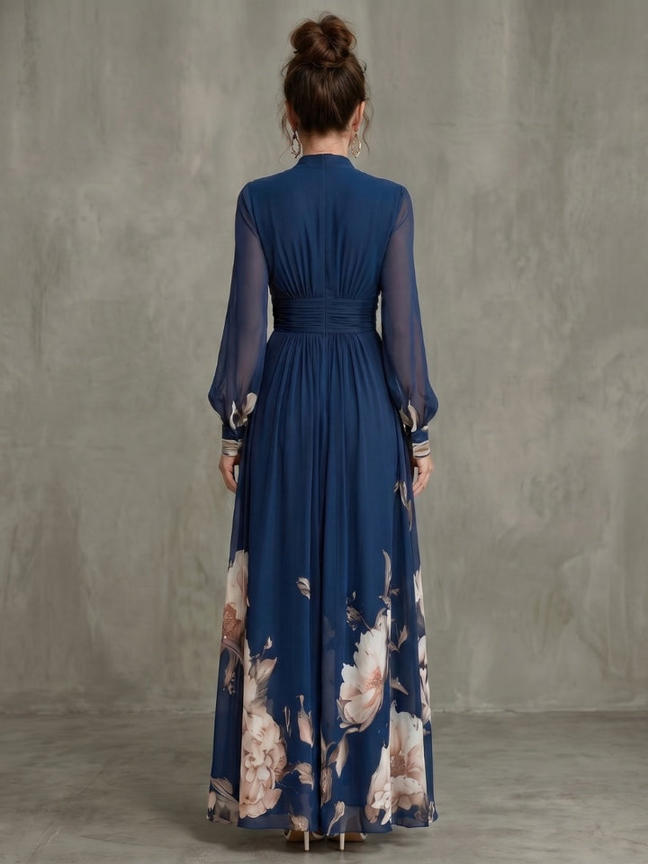 Women's Floral Maxi Dress with Sheer Sleeves