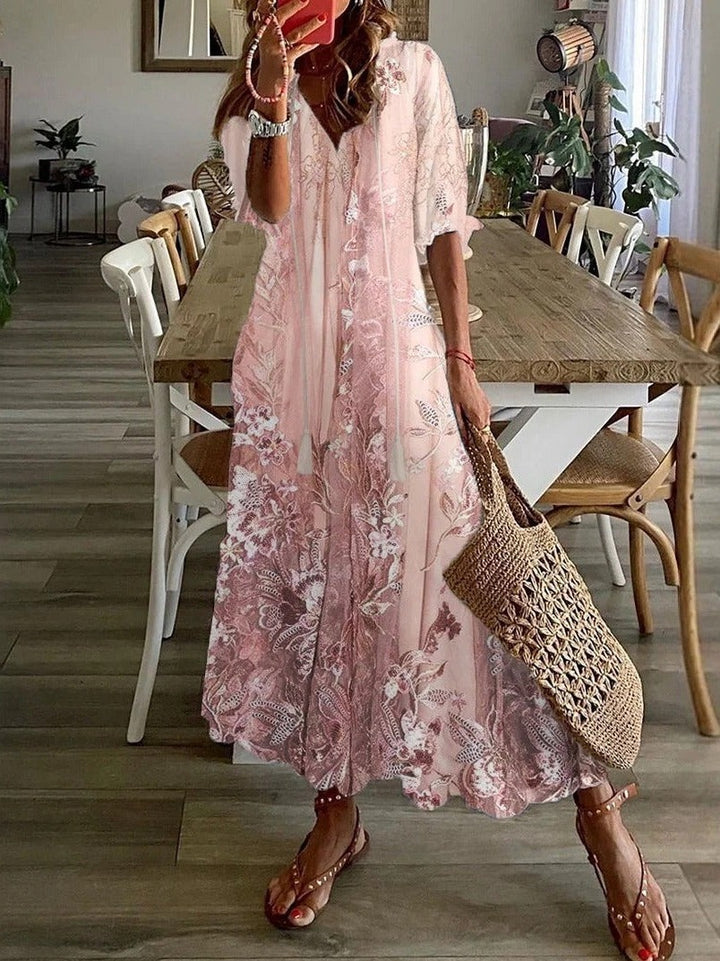 Women's Floral Maxi Dress with Tassel Tie V-Neck
