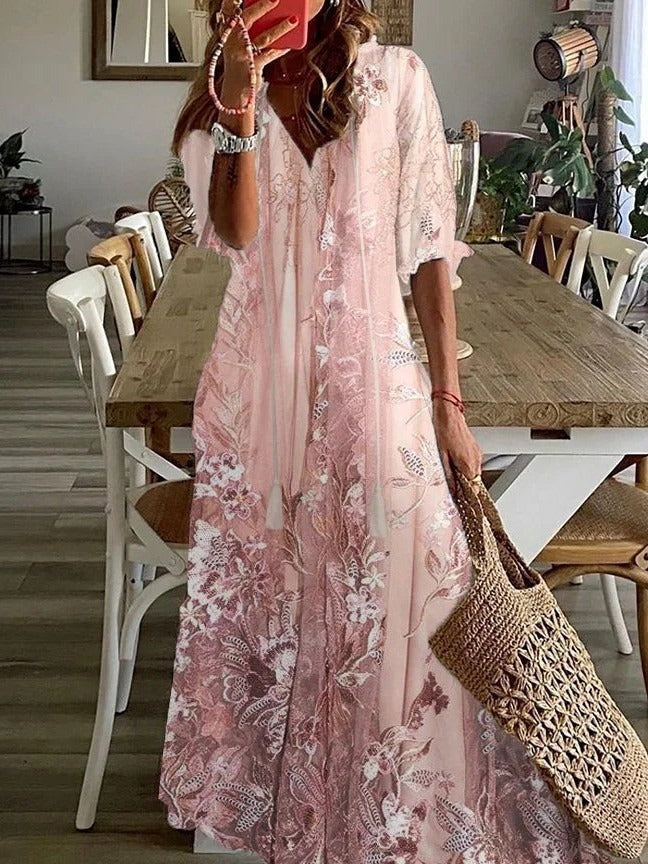 Women's Floral Maxi Dress with Tassel Tie V-Neck