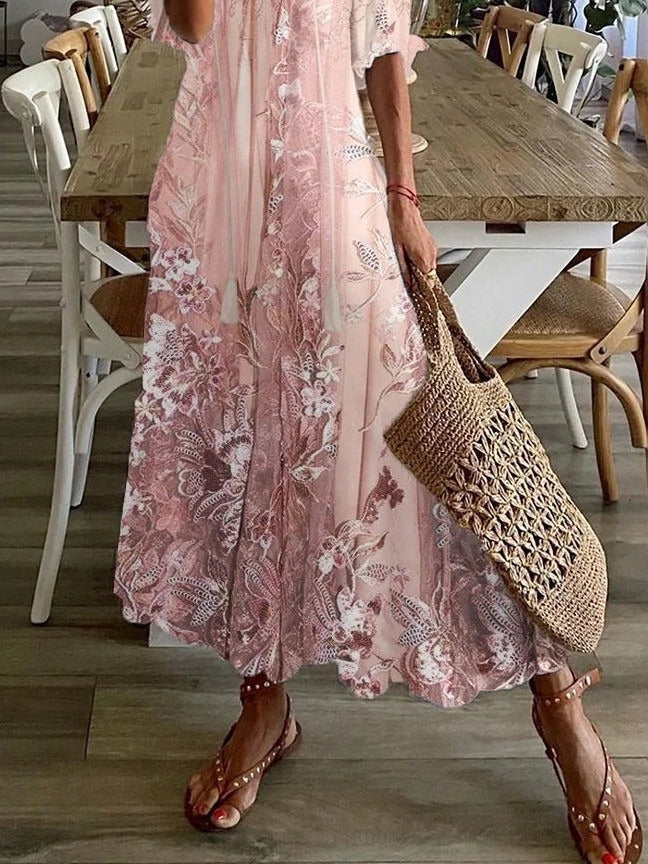 Women's Floral Maxi Dress with Tassel Tie V-Neck