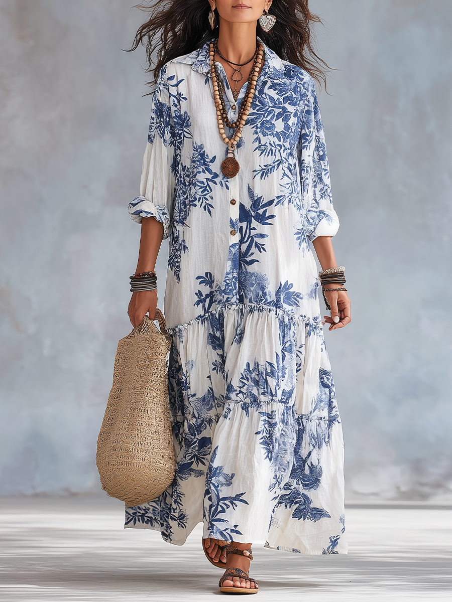 Women's Floral Maxi Shirt Dress with Tiered Skirt