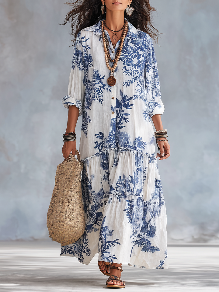 Women's Floral Maxi Shirt Dress with Tiered Skirt