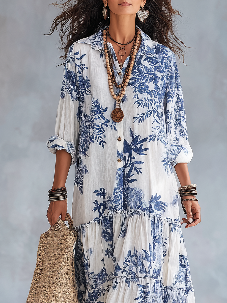 Women's Floral Maxi Shirt Dress with Tiered Skirt