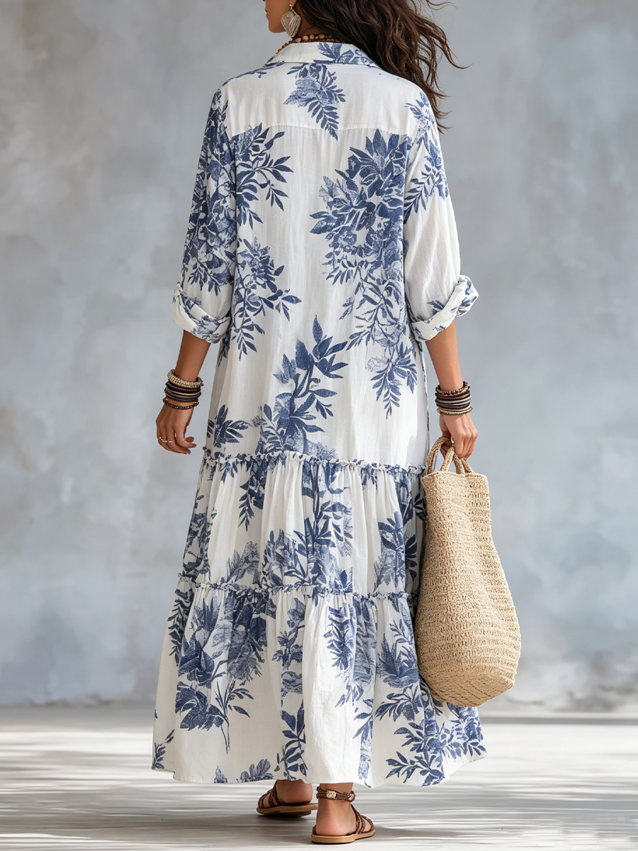 Women's Floral Maxi Shirt Dress with Tiered Skirt